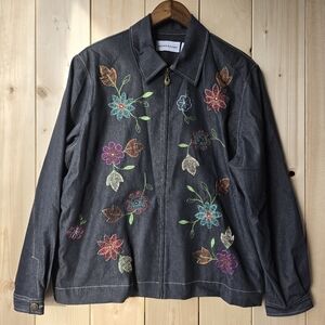 Alfred Dunner Blue Red Zip Up Jacket Floral Embroidered Womens Size 16